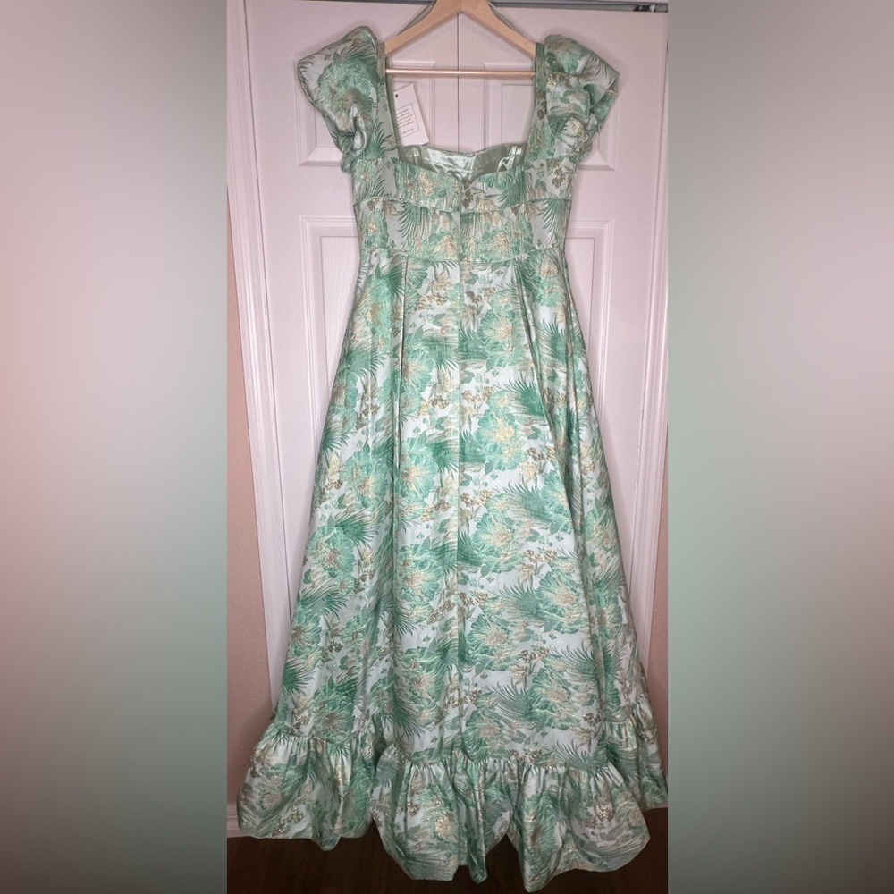 NWT MAC DUGGAL # 68276 Floral Print Puff Sleeve High Low Brocade Gown Size 14 - Picture 8 of 10